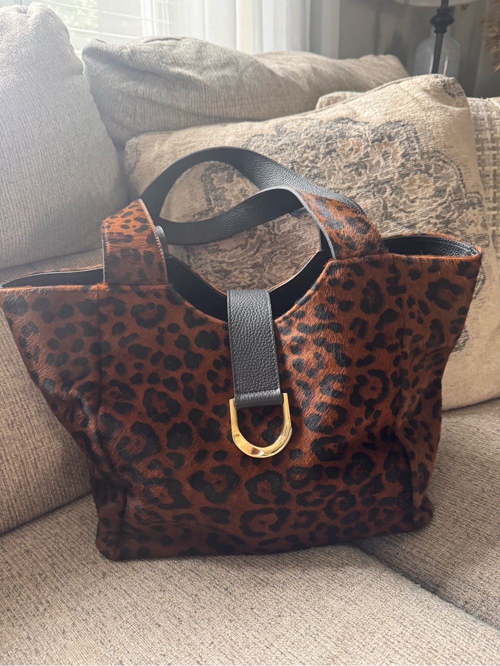 Diving Firenze Leopard Print Tote with Black Strap and Gold Accent